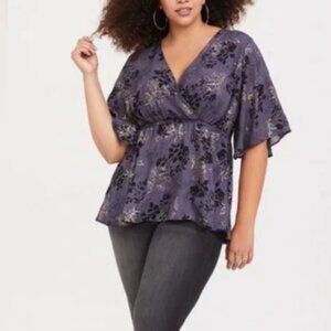 GUC TORRID Lily Babydoll Georgette Surplice Purple, Black and Gold Blouse
